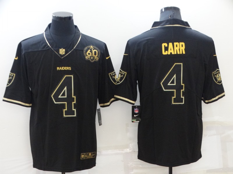 Men's Las Vegas Raiders #4 Derek Carr Black/Gold With 60th Anniversary Patch Vapor Limited Stitched Jersey Men's Las Vegas Raiders #4 Derek Carr Black/Gold With 60th Anniversary Patch Vapor Limited Stitched Jersey